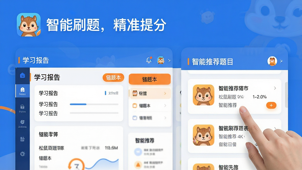 ���壺����ˢ��App�Ľ����ͼչʾ�����Ϊѧϰ�������ݿ��壬�Ҳ�Ϊ�����Ƽ���Ŀ�б������֣����½ṹ���ϲ���logo��������ˢ�⣬��׼��֡����²��ǹ��ܷ������Ű棺��������Ϣ�㼶����Ƭʽ��ơ�����ִ���ƽ������ɫ��Ϊ��ɫ���ɫ����׺��ɫ������ϸ�ڣ���Ļ����ʾ��ѧϰ���桱�������Ȿ�����������Ƽ��������ֱ�ǩ��ѧ����ָ�����Ŀ�����ʣ�4K���壬�ɾ����޶���Ԫ�ء�