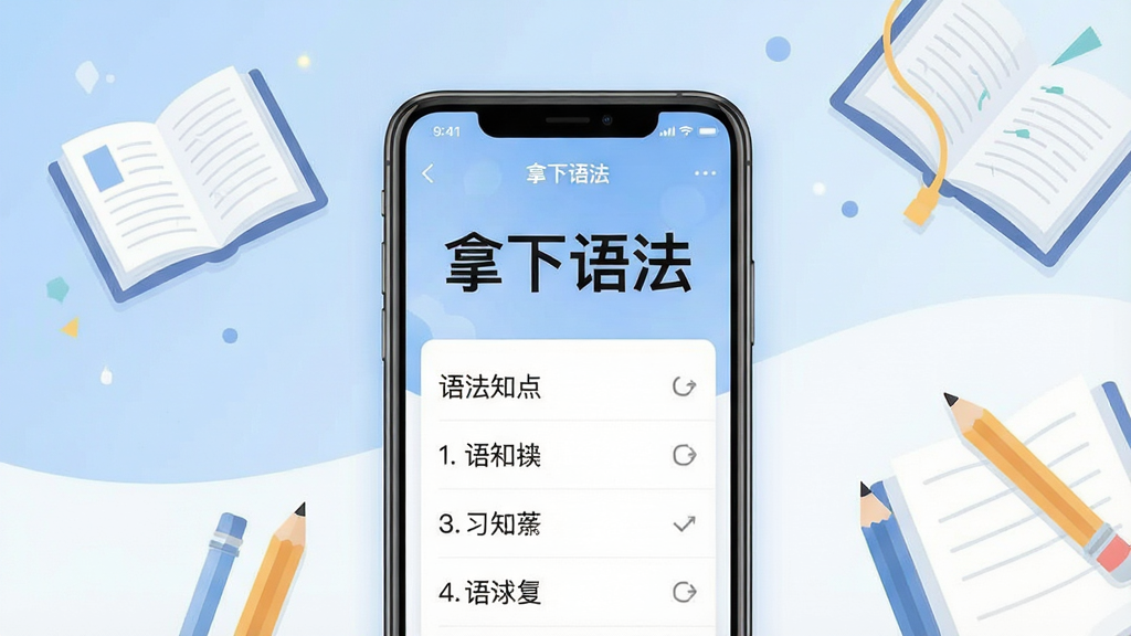 一张现代简约风格的软件宣传主视觉图,主体为智能手机屏幕界面展示「拿下语法」APP的学习页面,屏幕内清晰显示“拿下语法”四个大字与语法知识点列表,背景为柔和的蓝白渐变色调,搭配书本、铅笔等学习元素插画,整体构图居中,排版清爽,扁平化设计风格,细节丰富,画质高清干净,无多余元素