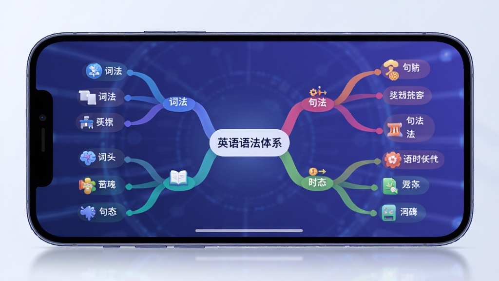 手机横屏展示「拿下语法」APP内的语法知识树状图,中心为“英语语法体系”节点,向四周延伸出词法、句法、时态等彩色分支,每个分支上有小图标点缀,界面UI设计现代,蓝紫色调,信息层级分明,排版整齐,科技感与教育感结合,画质清晰,无多余元素
