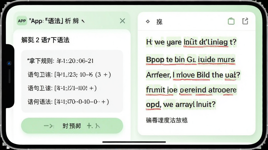 「拿下语法」APP的例句解析页面截图,左侧显示语法规则说明,右侧展示带有高亮标注的英文例句与中文翻译,界面采用卡片式布局,色彩清新以白色和浅绿色为主,重点词汇用红色下划线标出,排版简洁明了,风格干净,画质高清