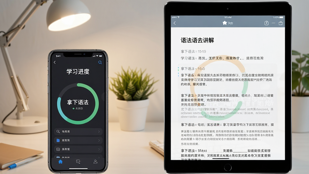 一张展示「拿下语法」APP在手机和平板上运行的双屏预览图,左边手机界面显示学习进度环,右边平板界面显示详细的语法讲解文章,背景为简洁的书桌场景,包含台灯和绿植,光线柔和,构图稳定,写实风格,画面干净清晰