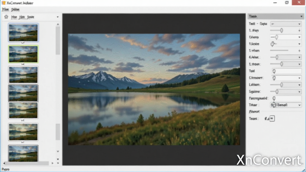 XnConvert�˾��������棬���Ϊ�˾��б����Ҳ�Ϊ����������壬�м���ʾͼƬԤ����ͼƬΪ�羰�գ�����Ӧ���ͻ��˾�Ч�����������ơ�XnConvert����ˮӡ��ʽ���������½ǣ�������ͣ���������