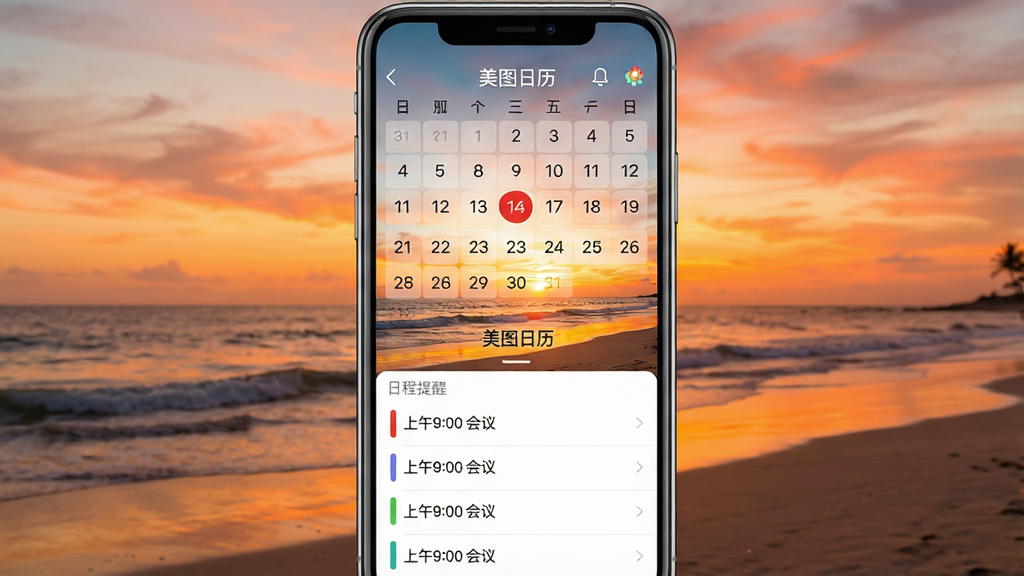 ���壺��ͼ�����������ֻ��ϵ�Ӧ�ý��棬������һ��Ѥ�������亣̲��Ƭ������������ʾ����Ļ���룬�·����ճ������б������֣��ֻ���Ļ����չʾ������ռ����Ļ�ϰ벿�֣��ճ��б����°벿�֣�����������½ṹ���Ű棺����������������ʽ���֣���ǰ�����ú�ɫԲȦ��������ֽΪȫ����ʾ���ճ����������׶������������Ȼ��ɫ����ů������������Ϣ��ϸ�ڣ���ֽͼƬ�ϱ�ע�С���ͼ�������������ճ����Ѱ���ʱ����¼����ƣ��硰����9:00 ���顱�����ʣ�����ϸ�壬�ɾ����޶���Ԫ�ء�