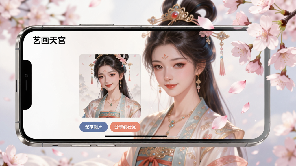 ���壺һ�������ֻ��������ã���Ļ��ʾ���ջ��칬��APP�����ɻ���Ԥ�����棬����Ϊһ�ž����Ĺŷ���ŮAI���������֣��ֻ�λ�ڻ�������ƫ���Ҳ���Ʈ���ӣ��������Ч���Ű棺��ͼƽ�⣬�ֻ���Ļ���������ɼ������Ψ���λõĶ���Ԫ��񣬹�����͡�ϸ�ڣ��ֻ��߿��н����ʸУ���Ļ����ʾ������ͼƬ���͡�������������������ť�����ʣ��߷ֱ��ʣ�ɫ�ʹ�����Ȼ������ɾ����޶���Ԫ�ء�