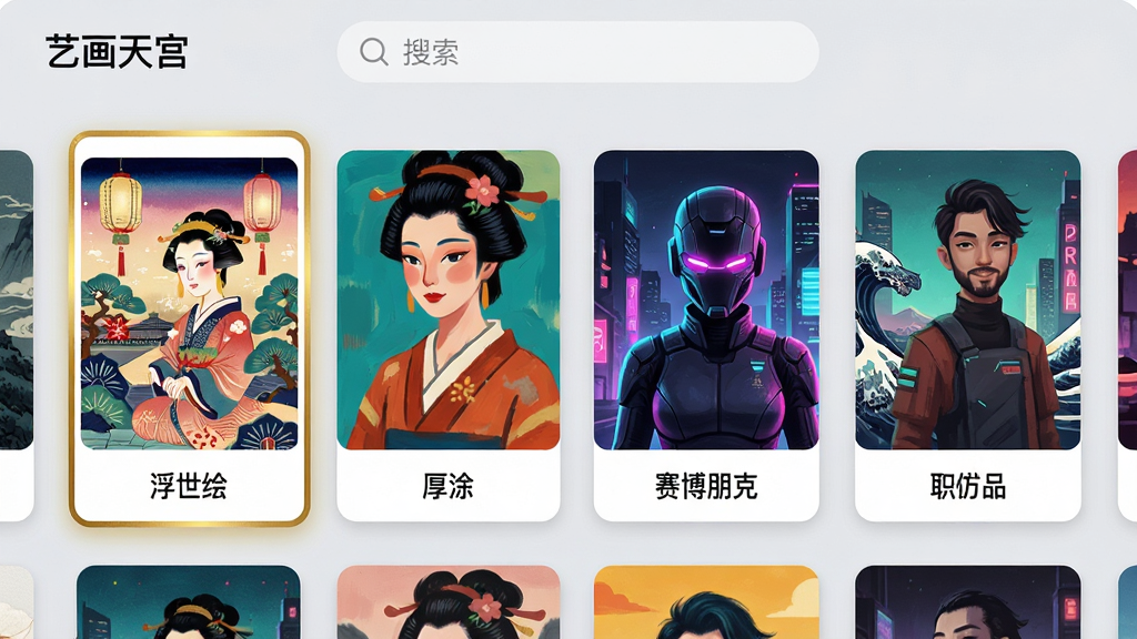 ���壺���ջ��칬��APP�ķ��ģ��ѡ��ҳ�档���֣���������Ŀ�Ƭʽ�б���ÿ�ſ�Ƭ��չʾһ���������Ĵ���������ͼ���·���ע��������硰�����桱������Ϳ������������ˡ����Ű棺��Ƭ��Сһ�£��������룬��ǰѡ�еĿ�Ƭ�н�ɫ��߸�������񣺽���ʱ�У�ɫ�ʷḻ�������ҡ�ϸ�ڣ�����Ϊǳ��ɫ��ͻ����Ƭ���ݣ������������������ʣ����壬��η������ɾ��޶���Ԫ�ء�