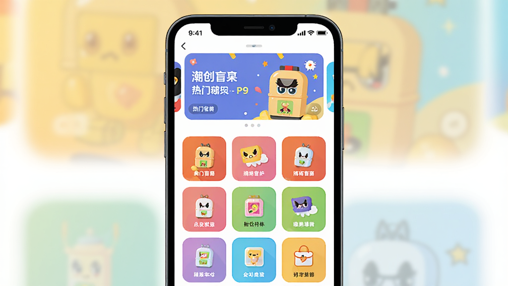 ����Ϊһ�������ֻ���Ļ��ʾ����ä��APP�����棬���沼���������Ϸ����ֲ����չʾ����ä��IP���·��ǾŹ������ͼ�꣬�����Ű������죬���Ϊ��ƽ���廭�磬ɫ�����޻��ã����ʸ���ɾ����޶���Ԫ��