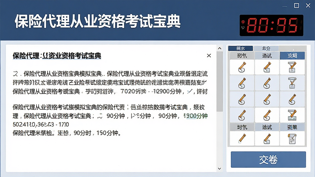 ���壺���մ�����ҵ�ʸ��Ա���ģ�⿼�Խ��棬��ʾ����ʱ�ʹ��⿨�����֣��м�Ϊ��Ŀ���Ҳ�Ϊ���⿨�ͽ�����ť���Ű棺����ʱ�����Ͻǣ����⿨������չʾ�������ʽ���࣬ģ����ʵ������ϸ�ڣ����涥���С����մ�����ҵ�ʸ��Ա��䡱����������ʱ��Ϊ90���ӡ����ʣ����壬�ɾ����޶���Ԫ�ء�