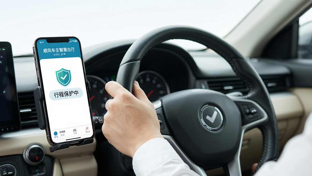 һ����氲ȫ��ʻ������ͼƬ��������һλ˾�����շ����̣��ֻ�֧���ϵ�APP��ʾ��˳�糵���ǻ۳��С��г̷������棬ͬʱ�ж���ͼ��͡��г̱����С����������дʵ��ɫ�����������ʸɾ����޶���Ԫ��