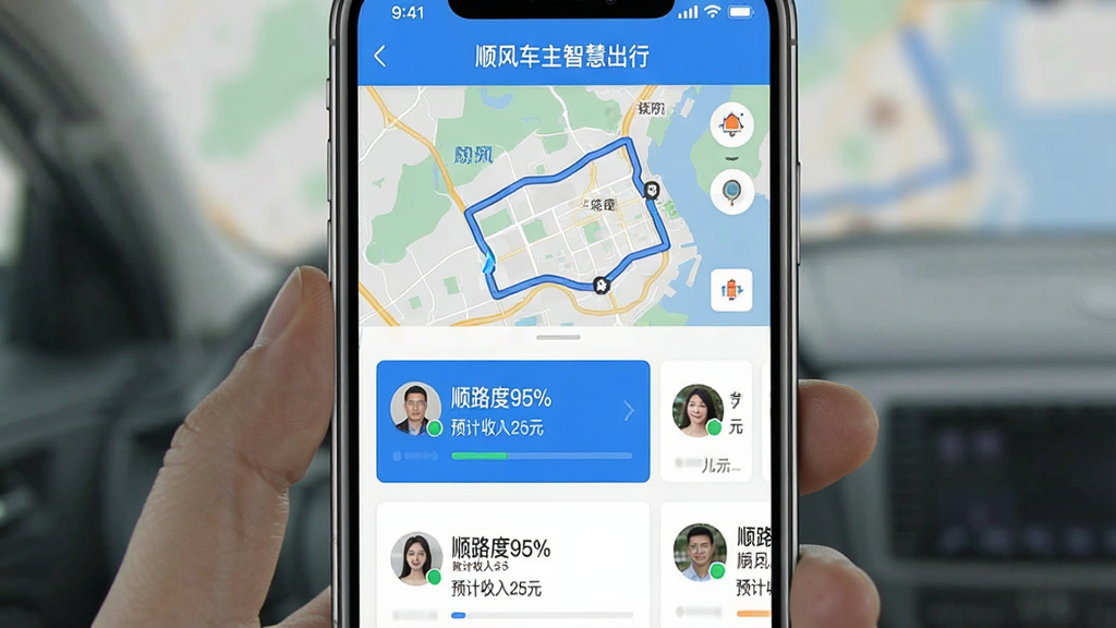 һ��չʾ�ֻ�APP�����ͼƬ����Ļ������ʾ��˳�糵���ǻ۳��С�����ƥ��ҳ�棬�Ϸ�Ϊ��ͼ·�ߣ��·�Ϊ����˿Ϳ�Ƭ����Ƭ��ע��˳·��95%������Ԥ������25Ԫ�����������࣬��ɫ���⣬���������ɾ����޶���Ԫ��