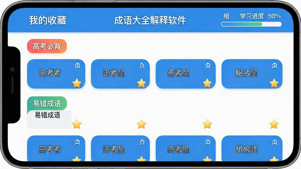 ���壺�����ȫ���������ղؼн��棬�ֻ���Ļչʾ���ҵ��ղء��б����������߿��ر������״�����������飬ÿ�������������ɳ��￨Ƭ�����Ͻ���ѧϰ�����������֣��б�ʽ��ƣ���������ò�ɫ��ǩ���֣���ƬԲ�ǻ����Ű棺����������Ϣ�ܶȸߵ������ҡ�������¼�Լ��������ɫ����ϸ�ڣ���Ƭ�����Ǳ�ͼ�꣬��������ʾ�ٷֱȣ������С������ȫ�������������������ʣ�ϸ��ɾ����޶���Ԫ�ء�