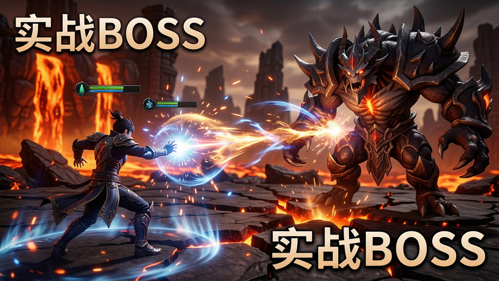 ���壺һ����Ϸʵս��ͼ��չʾ��ҽ�ɫ����׵���������BOSSս���ļ��һ��档���֣���ɫλ�ڻ�������ͷż��ܣ�BOSSλ���Ҳ࣬��������������档�Ű棺ս����Ч������������ǿ�����дʵ�����ý�ϣ���Ӱ�Ա�ǿ�ҡ�ϸ�ڣ����ܹ�Ч���ӷḻ��BOSS���;޴���ѹ�ȸУ���������������ǡ����ʣ��߶�̬��Χ��ϸ������������ɾ�����UI���š�ͼƬ�д����֡�ʵսBOSS��