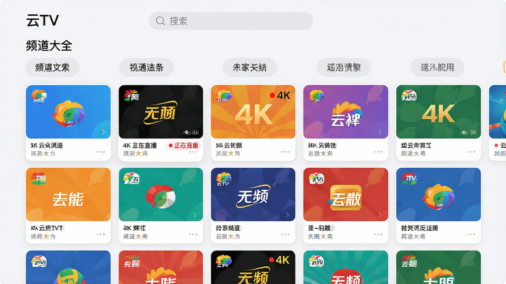 ���壺����TV��Ӧ�ý���չʾ��Ƶ����ȫ��ҳ�棬����ͼ�������С����֣��Ϸ����������·�Ϊ�����ǩ��Ƶ����Ƭ�ٲ������Ű棺��Ƭ���ȴ�С��ÿ����Ƭ���Ͻ���Ƶ��̨�ꡣ��񣺱�ƽ����ƣ�ɫ�����ޡ�ϸ�ڣ���ǰ����Ƶ����ʾ������ֱ������㡣���ʣ�4Kϸ�壬�ɾ��޶���Ԫ�ء�