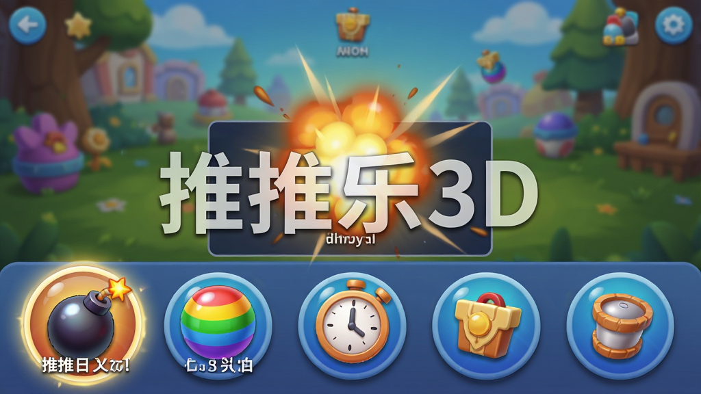 ����Ϊ������3D�ĵ��������棬�·�������Բ��ͼ�꣬����ը�����ʺ���ʱ�ӵȣ�ѡ�е���ʱͼ��Ŵ���ʾ˵�����֡����ֲ��õײ�����ʽ��ƣ��Ϸ�Ϊ��Ϸ�����黯�������м���һ��ʹ�õ��ߺ�ı�ը��Чչʾ���Ű��࣬����ͼ����������󣬷��ΪUI������Ⱦ��ϸ�ڱ��ְ���ͼ����Ӱ�Ͷ�̬��Ч������ϸ�壬�ɾ��޶���Ԫ�أ�ͼƬ���븲�ǡ�������3D����͸��������