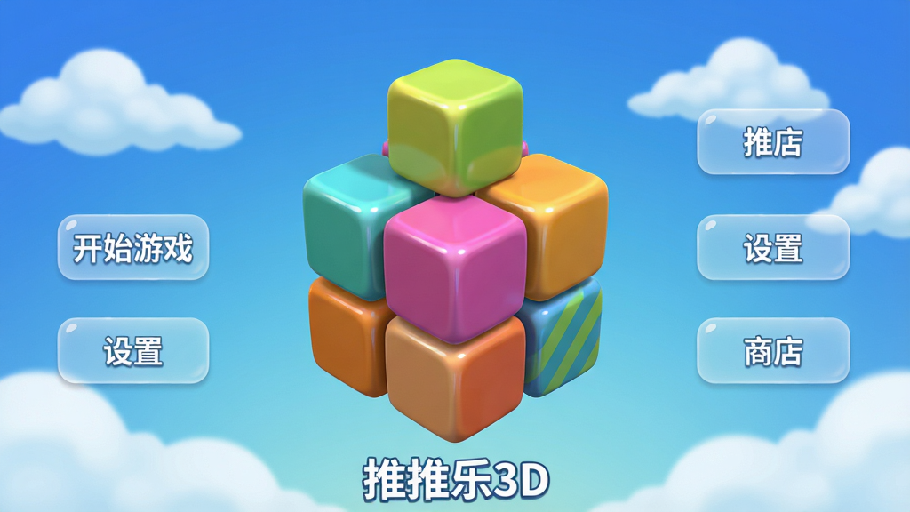 ����Ϊ������3D����Ϸ�������ͼ��������һ��ɫ�ʰ�쵵�3D������ѵ�����������������и߹��ʸУ�����Ϊ������ɫ�����Ư�����ƶ䡣���ֲ��þ��й�ͼ��������λ�ڻ������ģ���Χ�����Ű�͸����UI��ť���硰��ʼ��Ϸ�������á����̵ꡱ���Ű����룬����Ԫ�ؼ����������Ϊ��ͨ��Ⱦ��ϸ�ڱ���ϸ�壬�������ԵԲ�󣬹�Ӱ��ͣ����ʸ��壬�ɾ��޶���Ԫ�أ�ͼƬ�ײ���ʾ��������3D��������