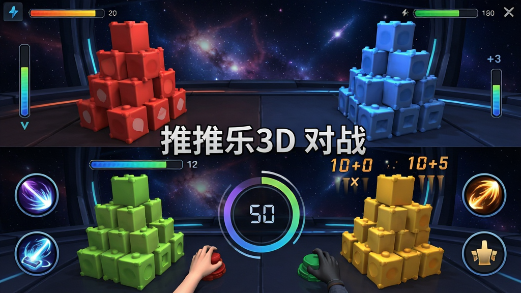 ����Ϊ������3D��ʵʱ��ս���棬��Ļ��Ϊ�������������Ϸ��Ƕ��ֵ�3D����ѣ��·�����ҵĲ������������е���ʱԲ�����������ҶԳƣ�˫������ѷ��һ�µ���ɫ��ͬ������Ϊ��̬���ǿվ��������Ű�ͻ���Կ��У����ܰ�ť�ֲ�����Ļ���࣬���Ϊ�ƻõ羺�磬ϸ�ڱ��ְ����������������������������ʸ�֡�ʣ��ɾ��޶���Ԫ�أ�ͼƬ������ʾ��������3D ��ս��������