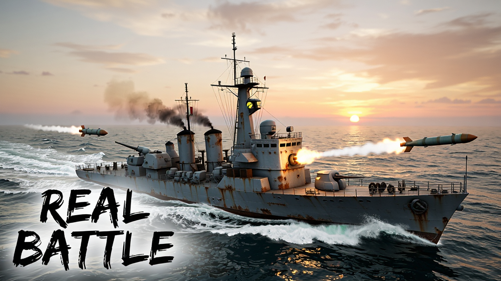 ����Ϊ��Sea Battle 2����Ϸս�����棬չʾһ�������ڲ�����ӿ�ĺ����Ϸ������ף����׻�����ɫβ�������������������µĺ�ƽ�ߡ����ֲ���ˮƽ�ӽǣ�ս������ƫ�£����ռ���ϰ벿�֡��Ű��������½���ʾ��REAL BATTLE������������Ϊ���������д��񡣷��Ϊдʵ��Ⱦ��ϸ�ڰ��������⼣���˻���ĭ���ڵ���⡣���ʾ�ϸ������ɾ��޶���Ԫ�ء�