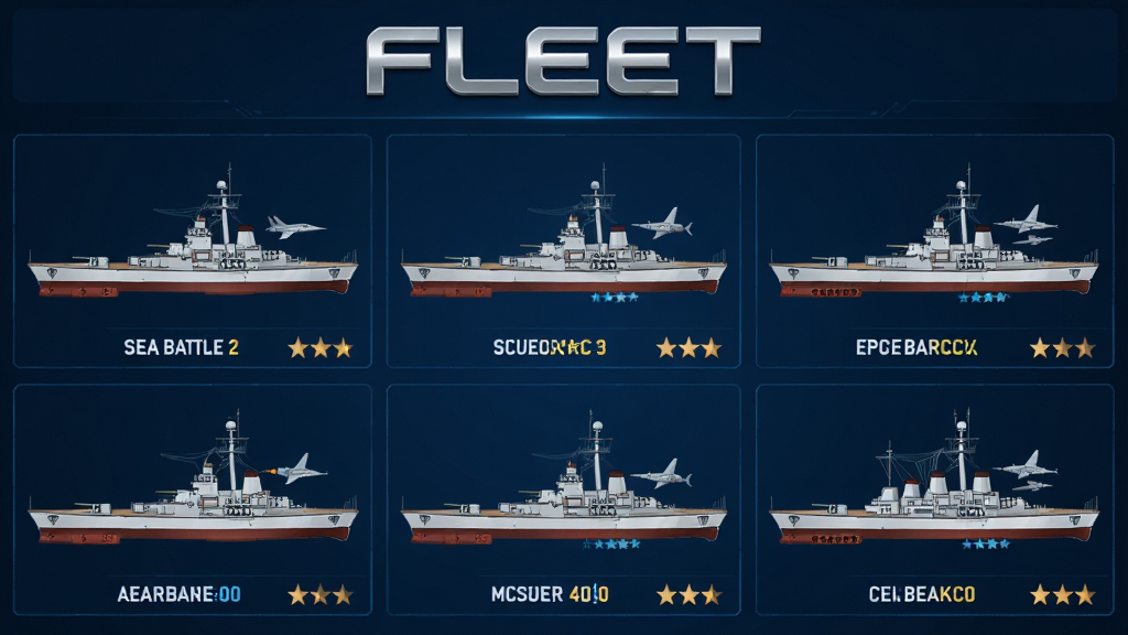 ����Ϊ��Sea Battle 2������ͼ�����棬չʾ���Ҳ�ͬ�ͺŵ�ս������������ɫ�����ϣ�ÿ�Ҵ��·������ƺ��Ǽ������ֲ����������У�ÿ�����Ҵ�������Գơ��Ű��϶����С�FLEET��Ӣ�ı��⣬����Ϊ�Ƽ�����ɫ�����ΪUI��Ʒ��ϸ�ڰ��������������������������ػ��ȡ���������������ɾ��޶���Ԫ�ء�