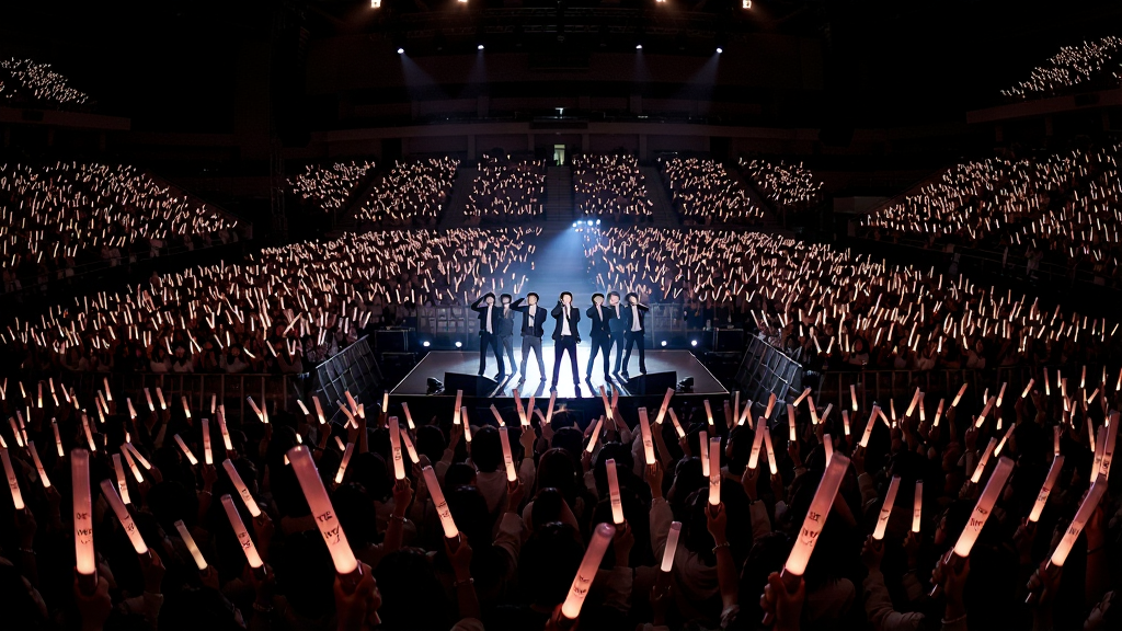 �ݳ����ֳ���������Ƶķ�˿������THE BOYZ Light StickӦԮ����������������õ���ɫ��â���γ�׳�۵ĵƺ�����̨����THE BOYZ��Ա���ڱ��ݣ�����ϯ�ƹⰵ����ֻ��ӦԮ���Ĺ���緱�ǰ���˸������ֺ������ϸ�ڷḻ�����ʸ��壬��ͼ���㣬�޶���Ԫ�ء�