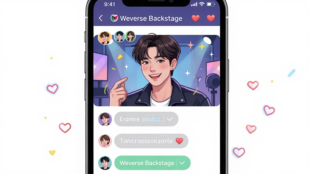 չʾWeverse BackstageӦ��ʵʱ����������棬����Ϊһ���ֻ�����Ļ��ʾż������ֱ���ͷ�˿��Ļ����������Ϊ����ȫ�����Ű�Ϊ����ʽ���֣����Ϊ��̬�廭���ϸ�ڰ���ֱ�����桢��˿ͷ��Ͱ��ı��飬���������ɾ����޶���Ԫ�أ���Ļ�����ֱ�ע��Weverse Backstage��