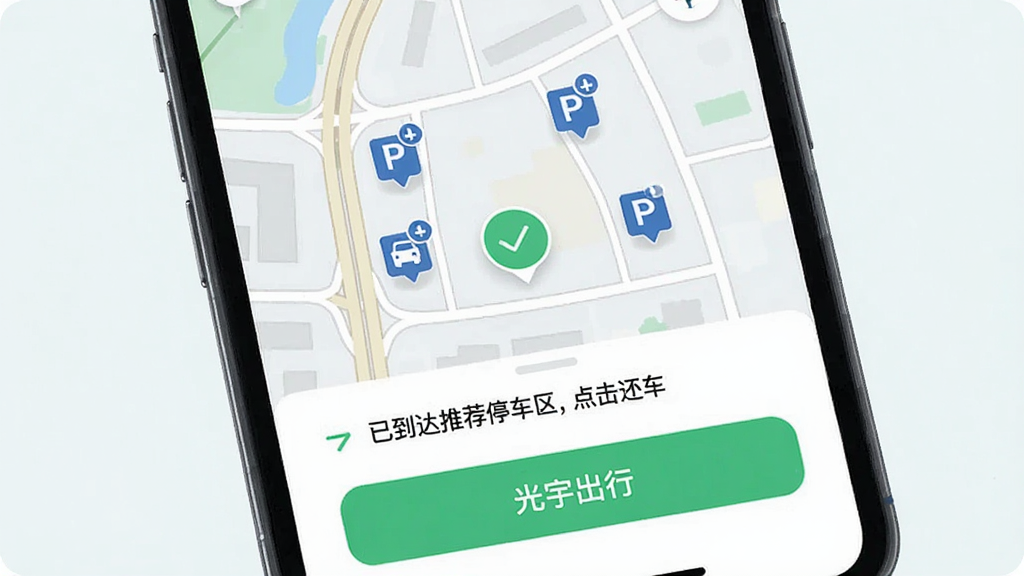 ����Ϊ�ֻ���Ļ��ʾ����ָ�����棬��ͼ�ϱ�עP��ͣ���㣬�ײ���ʾ���ѵ����Ƽ�ͣ����������������������Ե�ͼΪ�����������ࡣ�������ǳɫ��ϸ�ڰ���ͣ����ͼ�ꡢ��ɫ�Թ�����ť���֡�������С������ʸɾ����޶���Ԫ�ء�