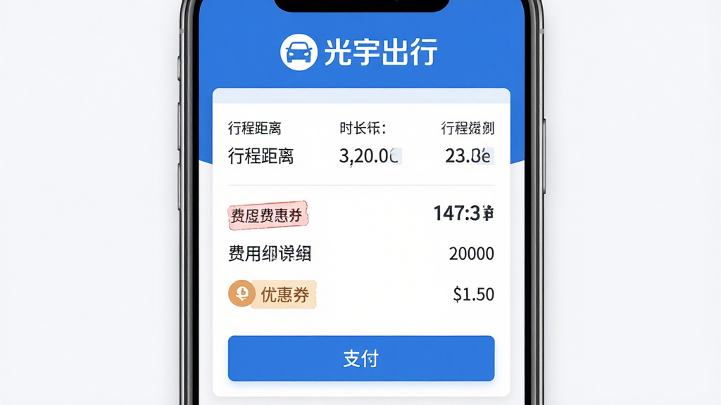 ������һ�ż��ļƷ���ϸ�����棬�Ϸ�Ϊ��������С�LOGO���м���ʾ�г̾��롢ʱ����������ϸ���ײ��С�֧������ť�����ֱ�ƽ����������Ϊ��ɫ��������Լ����ϸ�ڰ������������������Ż�ȯ��ǣ�ͼƬ���֡�������С����г̷��á������ʸ��壬�޶���Ԫ�ء�