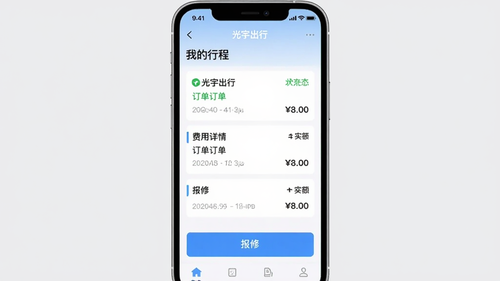 ����Ϊ�ֻ��������棬չʾ��������С�APP�ġ��ҵ��г̡�ҳ�棬�ж����б����������顢������ڡ�����Ϊ�ֻ����У�����Ϊǳ��ɫ�����Ϊ����UI��ƣ�ϸ�ڰ�������״̬��ʱ�䡢�����֡�������С������ʸɾ����޶���Ԫ�ء�