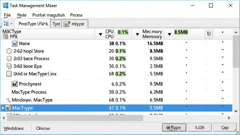 ���壺������������ڣ�����MacType���̵�CPU���ڴ�ռ����ֵ��С�����֣������б���CPUռ������MacTypeλ�ڵײ����Ű棺������������ֵͻ����ʾ�����Windows���������ԭ�����棻ϸ�ڣ�CPU����ʾ0.1%���ڴ�����ʾ8.5MB�����ʣ���ʵ��ǿ���ɾ����޶���Ԫ��