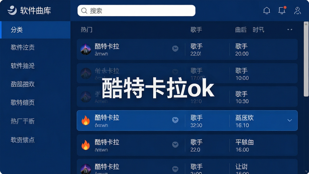主体:酷特卡拉ok软件曲库界面截图,左侧为分类导航栏,右侧为歌曲列表,顶部有搜索框,屏幕中央显示“酷特卡拉ok”品牌标识。布局:界面采用左右分栏设计,歌曲列表整齐排列,选中歌曲高亮显示。排版:字体清晰,行距适中,分类标签明确。风格:清爽简洁,以深蓝色为主色调,搭配白色文字,突出科技感。细节:歌曲名称、歌手、时长信息完整,热门歌曲带有火焰图标标识。画质:高清细腻,干净,无多余元素。