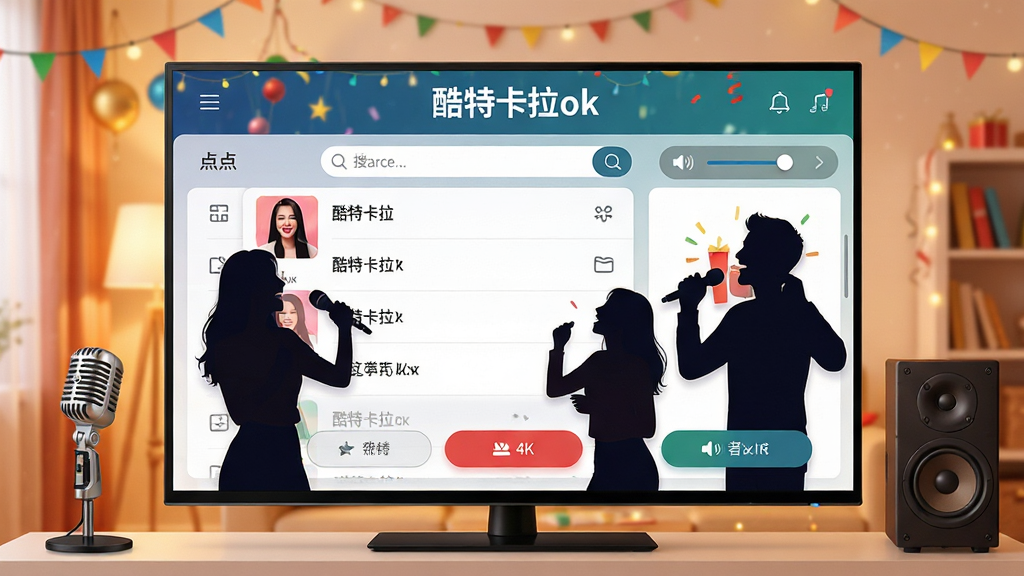 主体:酷特卡拉ok软件主界面展示,背景为温馨的客厅聚会场景,大屏幕电视上显示点歌界面,界面中有歌曲列表、搜索框和音量调节控件,屏幕上清晰显示“酷特卡拉ok”字样。布局:主界面居中,左右两侧有麦克风与音响设备点缀,整体构图平衡。排版:界面信息层次分明,歌曲列表与功能按钮排布整齐。风格:现代简约,色彩明亮,带有节日聚会氛围。细节:屏幕画面清晰,界面图标精致,人物剪影手持麦克风欢唱。画质:4K超清,干净,无多余元素。