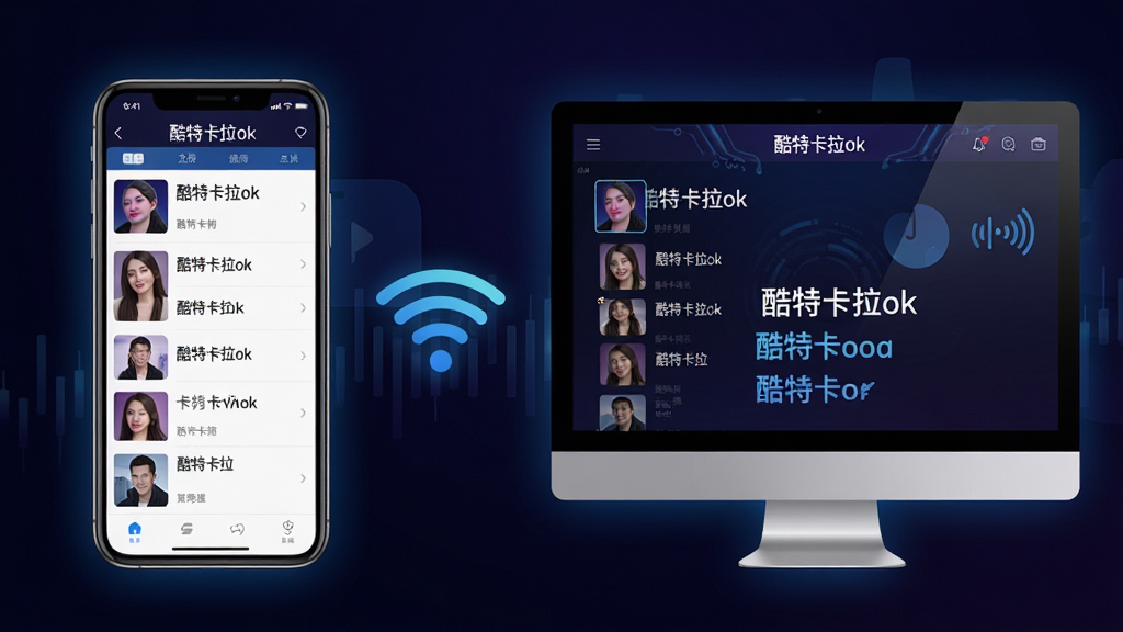 主体:酷特卡拉ok软件在手机和电脑上同时运行的双屏展示,左侧为手机界面,右侧为电脑屏幕,两者显示相同的歌曲列表和歌词。布局:左右对称,中间用WiFi符号连接,体现跨设备同步功能。排版:界面元素清晰,歌词滚动显示。风格:现代科技感,背景为深色渐变,突出屏幕亮光。细节:手机与电脑屏幕上都显示“酷特卡拉ok”字样,歌词为中文。画质:超高清,干净,无多余元素。