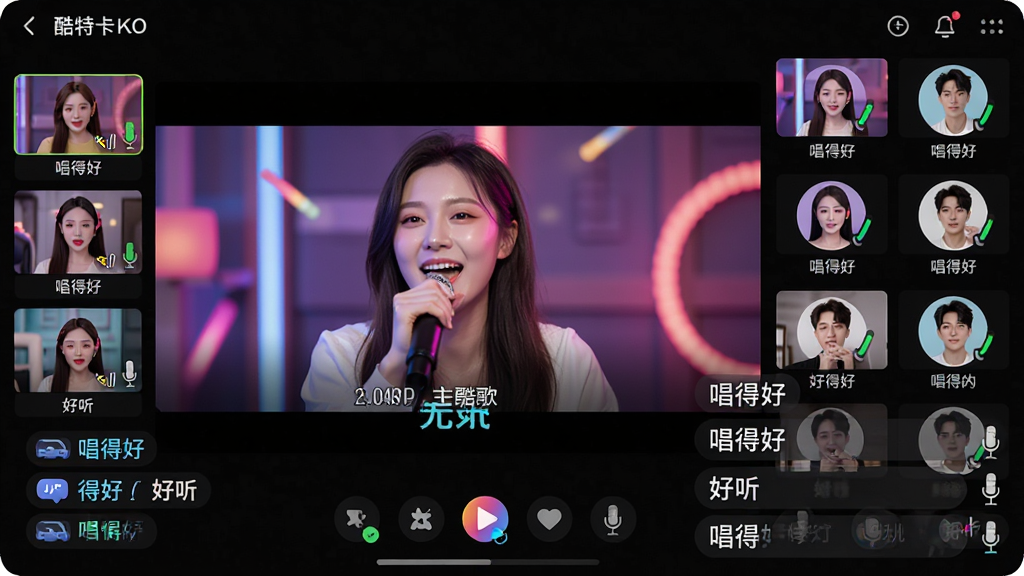 主体:酷特卡拉ok多人联机K歌场景,屏幕上显示歌房界面,多个用户头像排列在右侧,中央为当前演唱者的MV画面,底部有弹幕飘过。布局:歌房界面采用视频会议式布局,主唱画面居中突出,参与者画面缩略显示。排版:头像、昵称、歌词信息排列有序,弹幕从右向左滚动。风格:活泼动感,色彩鲜艳,体现社交互动氛围。细节:每位用户头像旁有麦克风音量指示条,弹幕内容为“唱得好”“好听”等赞美词。画质:1080P高清,画面流畅,干净,无多余元素。