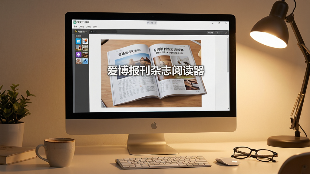 主体:一张电脑桌面上安装了“爱博报刊杂志阅读器”的截图,旁边摆放着一杯咖啡和一副眼镜。布局:电脑屏幕占据视觉中心,桌面整洁。排版:屏幕内展示软件阅读界面,文字清晰可见。风格:温馨的居家办公风格,暖色调光线。细节:软件界面显示一本打开的杂志,页面上有“爱博报刊杂志阅读器”水印。画质:高清写实,画面干净无多余元素。