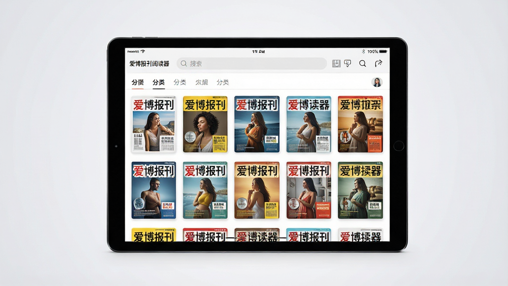 主体:一款名为“爱博报刊杂志阅读器”的软件界面在平板电脑上展示,屏幕中显示色彩丰富的报刊杂志封面墙。布局:产品界面居中,四周留白,背景是柔和的浅灰色渐变。排版:界面采用网格化布局,封面整齐排列,上方有搜索栏和分类标签。风格:现代扁平化设计,界面简洁清晰,突出阅读的舒适感。细节:封面缩略图清晰可辨,带有“爱博报刊杂志阅读器”字样,整体光线明亮柔和。画质:4K高清渲染,干净无多余元素。