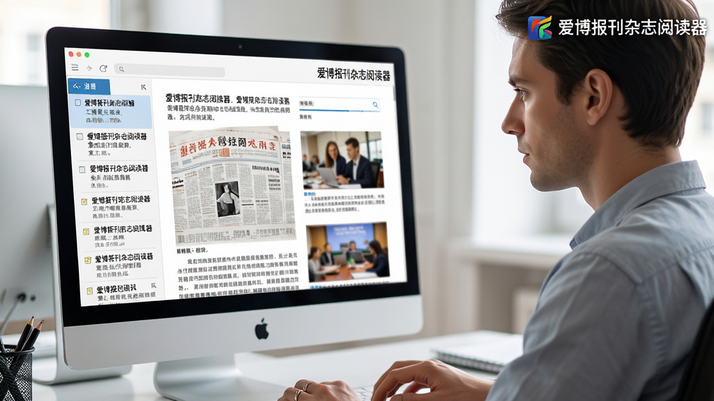 主体:一名用户正在使用电脑上的“爱博报刊杂志阅读器”浏览报刊,屏幕上展示着图文并茂的文章页面。布局:用户侧身操作,电脑屏幕朝向前方,画面聚焦于屏幕内容。排版:屏幕内显示清晰的文字段落与新闻图片,左侧有文章列表。风格:写实风格,办公场景,光线自然。细节:屏幕右上角有“爱博报刊杂志阅读器”Logo,用户表情专注。画质:高质量渲染,细节丰富,干净整洁无多余元素。