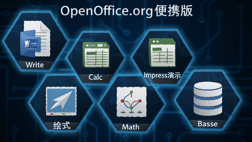 ������Ʒչʾͼ������OpenOffice.org��Я�桱�������������ͼ�꣨Write�ĵ���Calc����Impress��ʾ��Draw��ͼ��Math��ʽ��Base���ݿ⣩�������η䳲״���У�ÿ��ͼ���·���ע��Ӧ�������ƣ�����ɫ�Ƽ��б�����ͼ�귢�⣬����רҵ�Ҿ�����ƸУ������������޶���Ԫ��