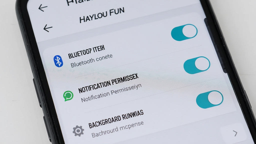 ����Ϊһ���ֻ���Ļ��ʾ Haylou Fun Ӧ�����ý��棬�����������ӡ�֪ͨȨ�ޡ���̨���е�ѡ�����Ϊǳ��ɫ�������������б���ʽ���֣��Ű������������ʵ�ã�ϸ��ͻ�����ذ�ť������˵�������ʸ���ɾ����޶���Ԫ�ء�ͼƬ�в��������
