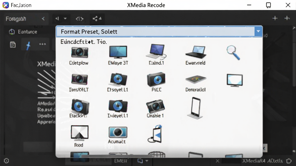 һ��XMedia Recode������ͼ����ʾ��ʽԤ�������˵������������豸ͼ�꣬����Ϊ�������棬�Ű����룬���רҵ�������������޶���Ԫ�ء�