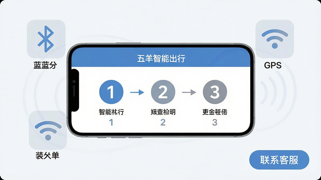 ���壺һ���ֻ�������ʾ���������ܳ��С�App�Ĺ����Ų�ҳ�棬ҳ���������Ĳ���ָ��ͼ�ꡣ���֣��ֻ�λ�ڻ������룬��Χ�����ż�����͸����ͼ�꣬�ֱ����������GPS�������źš��Ű棺����������1-2-3��ע��������Ŀ����񣺽�ѧָ�����ɫ���ºͣ���ɫ���ɫ���䡣ϸ�ڣ�ÿ��ͼ���·��м�̵�����˵�����������½��С���ϵ�ͷ�����ť�����ʣ�������רҵ���ɾ����޶���Ԫ�ء�