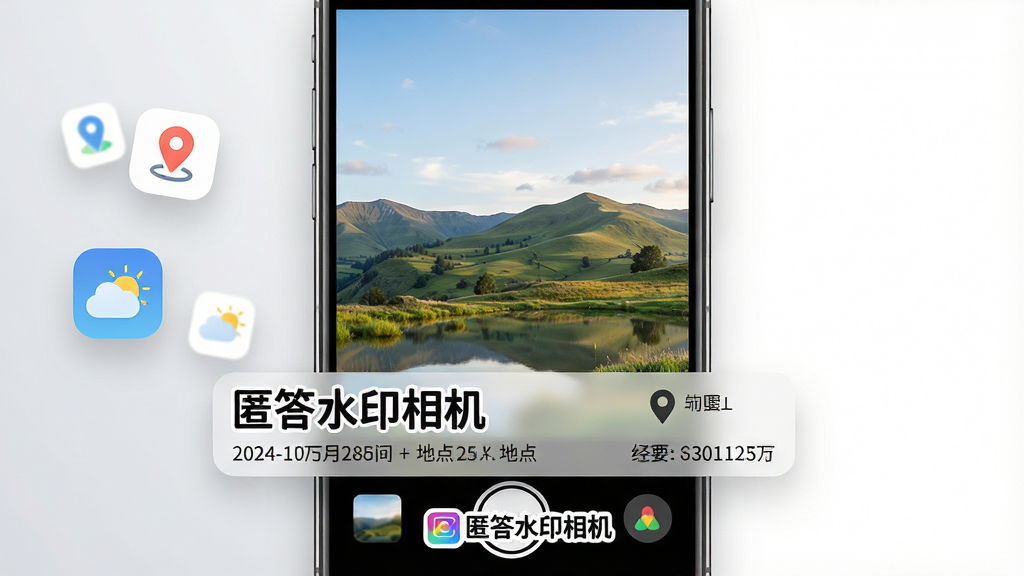 ���壺һ�������ֻ���Ļչʾ���ˮӡ���������棬���������������ķ羰��Ƭ���ײ����Ӱ�͸��ˮӡ������ʾ�����ˮӡ��������Ƽ�ʱ�䡢�ص㡢��γ����Ϣ�����֣��ֻ����У�����Ϊǳ��ɫ���䣬���Ư��Сͼ�꣨��λ�����������Ҳ����ף��Ű棺ˮӡ���ֲ��ú�ɫ����Ӱ�ɫ��ߣ�����ʱ�����󣬵���λ�����ң��ײ����з��á����ˮӡ�����Logo�����дʵ��Ӱ��UI�����ϣ��ִ���Լ��ɫ������ͨ͸��ϸ�ڣ�ˮӡ���������ɶ�������ͼ��Բ�󣬹�Ӱ��Ȼ�����ʣ�8K���壬�ɾ��޶���Ԫ��