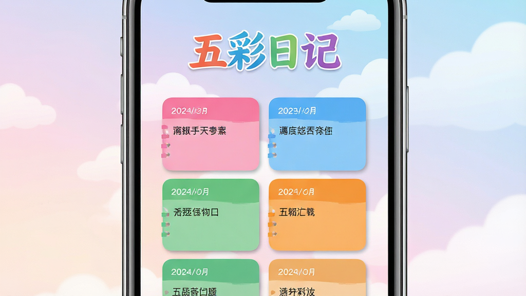 ���壺����ռ�Ӧ�ý��棬չʾһ�������ֻ���Ļ�ڴ�����ռǵ���ҳ�棬ҳ�涥���С�����ռǡ��ĸ���ɫ�����֣��·��Ƿ���������ռǿ�Ƭ����Ƭ��ɫ���죬�з�ɫ����ɫ����ɫ����ɫ��ÿ�ſ�Ƭ����ʾ���ںͼ�̵�����ժҪ����������͵Ľ���������ƶ䡣���֣��ֻ����У���Ļ���������ɼ����������ף�ͻ��Ӧ�ý��档�Ű棺�ֻ���Ļ����Ϣ�㼶��������Ƭ�������У�ɫ�ʹ�����Ȼ����񣺱�ƽ����ƣ����»��ã�ɫ�����죬�����͡�ϸ�ڣ��ֻ��߿���ϸ΢���⣬��Ļ�ϵ����������ɶ�����Ƭ��Ե��ϸ΢��Ӱ�����廭��ɾ��޶���Ԫ�ء����ʣ�������Ⱦ���ɾ����޶���Ԫ�ء�