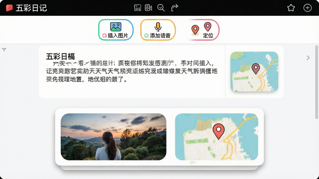 ���壺����ռǵı༭���棬չʾһƪ�������֡�ͼƬ�������͵���λ�õ��ռǲݸ壬�Ϸ��С�����ͼƬ����������������������λ����ͼ�갴ť���м������ֱ༭�����·���Ԥ����Ƭ����Ƭ������Ƭ�͵�ͼ��ǡ����֣��༭������ϵ�������Ϊ����������������Ԥ������ͼ���������롣�Ű棺�������������ɶ���ͼƬ����ͼԲ��չʾ����ͼС����ʾλ�á�����ִ���࣬����ͼ����Ŀ��ɫ��������ϸ�ڣ�������ͼ���в�ɫ��ߣ�Ԥ����Ƭ����Ӱ�����廭��ɾ������ʣ����壬�ɾ����޶���Ԫ�ء�