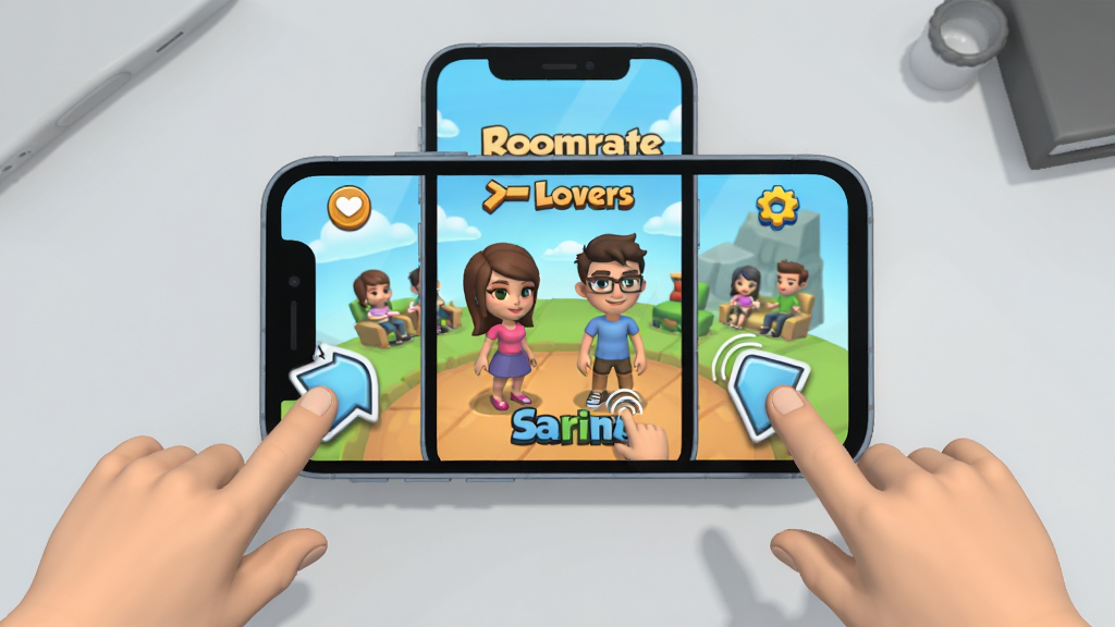RoommateLovers��Ϸ���ֻ�����ʾ��ͼ������������һ̨�����ֻ�����Ļ��ʾ��Ϸ�����棬��Χ����ָ���������������ָʾ��ͷ������Ϊǳ��ɫ���棬�����������ˣ���ͨ��Ⱦ��ϸ�����������ʸɾ����޶���Ԫ�أ�ͼƬ�в��������֡�
