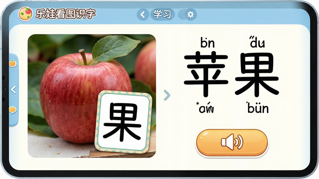 ���壺���޿�ͼʶ��������ѧϰ���棬��ʾ��ƻ����һ�ʣ�������ʵƻ����Ƭ�ͺ��ֿ�Ƭ�����֣����ΪͼƬ���Ҳ�Ϊ���ֺ�ƴ�����·��з�����ť���Ű棺������ˣ��ص�ͻ������񣺿�ͨ��ʵ���ϣ�ɫ����͡�ϸ�ڣ�ͼƬ���������֡�ƻ�����Ŵ���ʾ��ƴ����ע����ť����С����ͼ�ꡣ���ʣ����壬�ɾ����޶���Ԫ�ء�