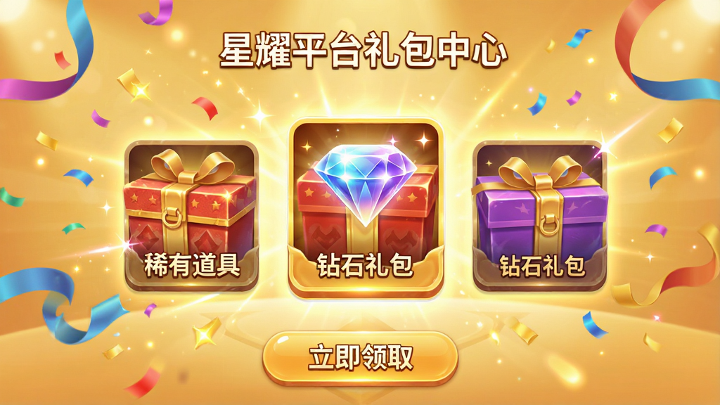 ��ҫƽ̨�������ҳ�棬����Ϊů��ɫ��������չʾ�����Ϸ���ͼ�꣬ͼ���ϱ�ע��ϡ�е��ߡ�������ʯ���������������Χ�вʴ��͹�Чװ�Σ��ײ��С�������ȡ����ť��������ϲ���������Ű����룬����ϸ�壬�ɾ��޶���Ԫ��