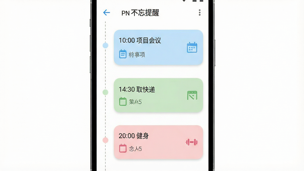 一张手机APP「不忘提醒」的界面设计稿,采用纵向时间轴布局,从屏幕顶部到底部依次排列着不同时间的提醒卡片,卡片颜色根据事项类型有所变化,例如工作事项为浅蓝色,生活事项为浅绿色,纪念日为浅粉色。卡片上清晰标注了「10:00 项目会议」、「14:30 取快递」、「20:00 健身」等文字。整体排版遵循Material Design风格,线条流畅,圆角卡片之间以细小的虚线连接,背景为纯白色,画质干净,无多余装饰元素。
