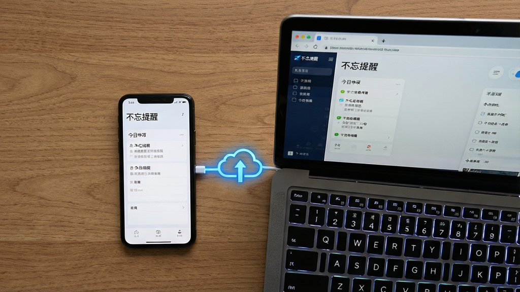 一张手机和一台笔记本电脑并排放在木质桌面上的俯拍图,手机屏幕打开「不忘提醒」的今日事项列表,电脑屏幕显示同一个软件的网页版界面,两者屏幕内容通过一条发光的蓝色数据线图标连接,暗示云同步概念。整体布局为平铺视角,排版均衡,风格为写实摄影风格,细节上能看到手机屏幕上的文字清晰可读,电脑键盘的背光灯亮起,画质清晰,干净,无多余杂物。
