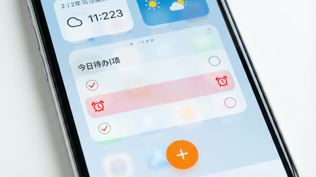 一张现代简约风格的智能手机屏幕特写,手机屏幕正中央显示「不忘提醒」的APP主界面,界面以白色和淡蓝色为主色调,上方有日期和天气小部件,中间是今日待办事项的清晰列表,每个事项前有一个圆形的勾选框,其中第二条事项被红色高亮标注并附带闹钟小图标,下方是一个醒目的圆形橙色「+」悬浮按钮。布局采用手机竖屏居中构图,排版简洁留白充足,画面干净,细节上能看到屏幕边缘有细微的反光,整体风格偏向iOS系统的毛玻璃质感,画质高清,干净,无多余元素。