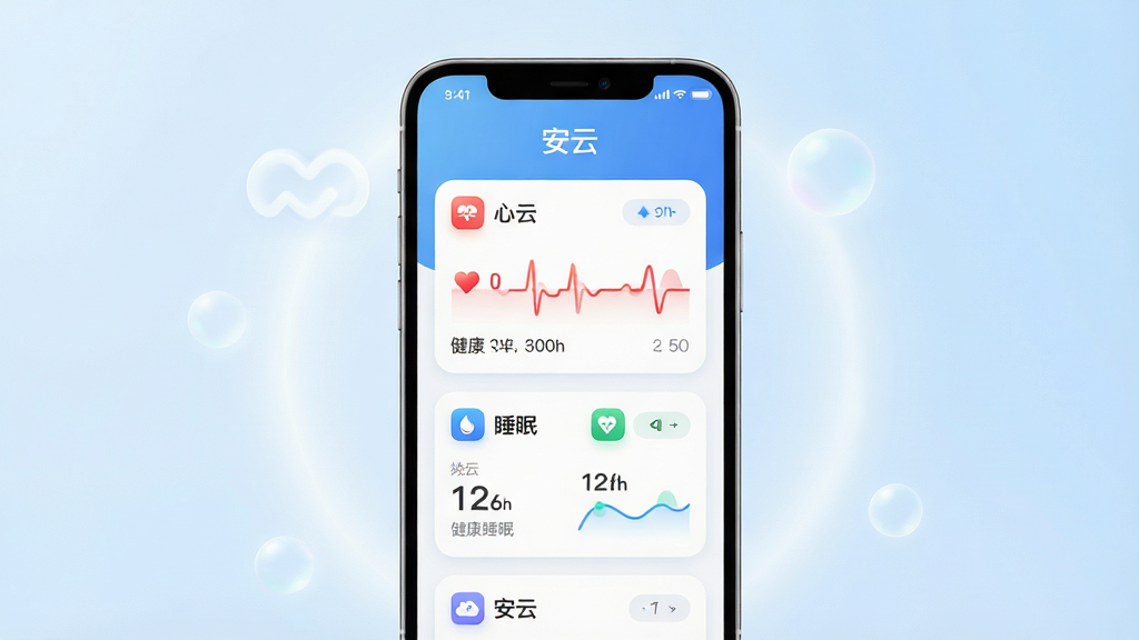 ���壺�ֻ���Ļչʾ����APP�����棬������ʾ��������ͼ���͡����ơ�����������Ϊ����ɫ���䡣���֣��ֻ����У���Χ�����Ч��������Ԫ���������Ű棺������ÿ�Ƭʽ���֣�ͼ��Բ�󡣷���ִ���࣬�����Ƽ��С�ϸ�ڣ�ͼ����ʾ���ʡ�˯�ߵ����ݣ�ͼ�꾫�¡����ʣ�������Ⱦ���ɾ��޶���Ԫ�ء�