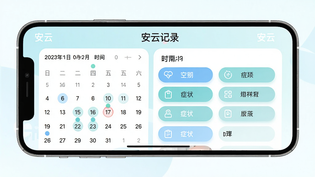 ���壺����APP�ġ�֢״��¼��ҳ�棬��ʾ���ڡ�ʱ�䡢֢״ѡ���б��������С����ơ���־�����֣��ֻ��������չʾ�����Ϊ�������Ҳ�Ϊ��¼�������Ű棺������࣬ѡ����Բ�ǰ�ť�������ˬ�����磬ǳɫ������ϸ�ڣ������б�ǵ㣬��ť��ͼ�ꡣ���ʣ����壬�ɾ��޶���Ԫ�ء�