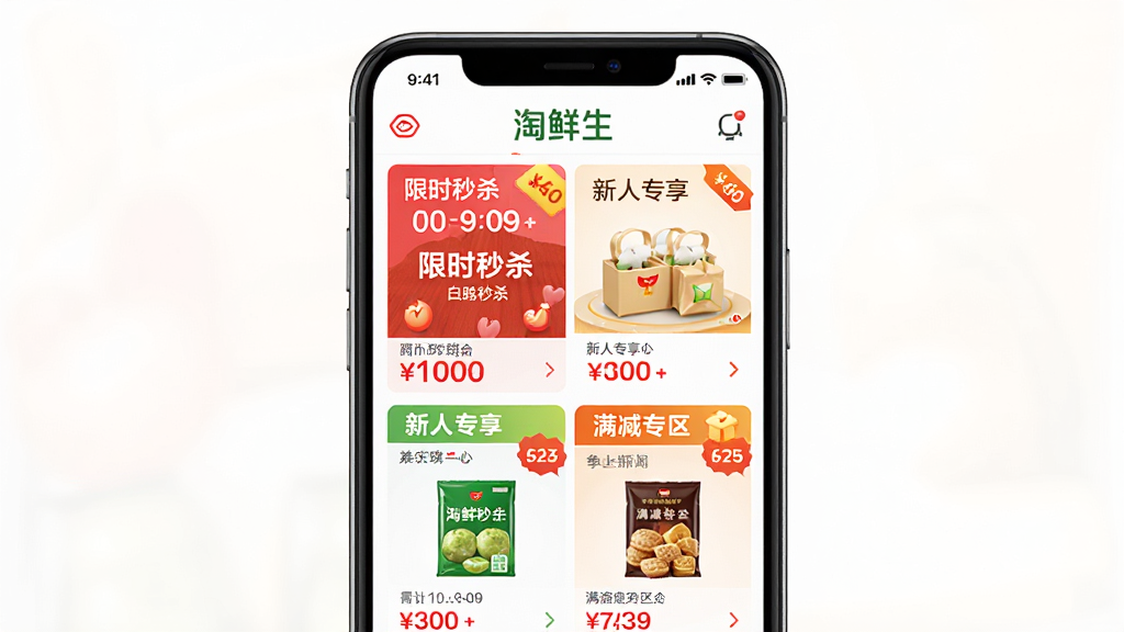 ���壺�ֻ���Ļչʾ������app���Żݻҳ�棬��������ʱ��ɱ����������ר������������ר�����Ȱ�飬���֣��ֻ����У�ҳ�����������ɼ����Ű棺���������۸��ǩ�ú�ɫͻ������񣺵��̴������ɫ�����޻��ã�ϸ�ڣ�����ʱ���ۿ۱�ǩ����ƷͼƬ�����ʣ����壬�ɾ����޶���Ԫ�ء�